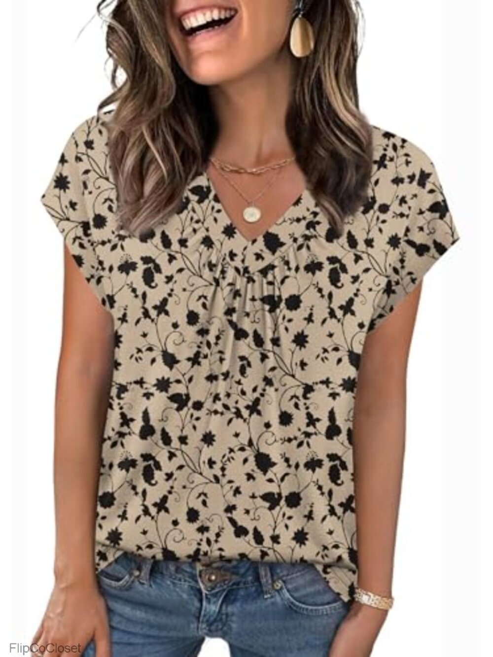Womens Pleated V Neck Short Sleeve Blouse Summer Casual Top